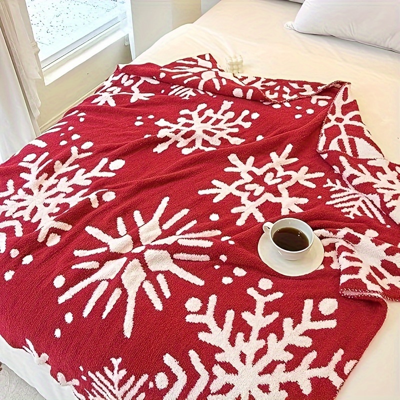 super soft and comfortable red snowflake blanket lightweight wool fluffy microfiber knitted blanket home decor bed sofa available all year round details 2