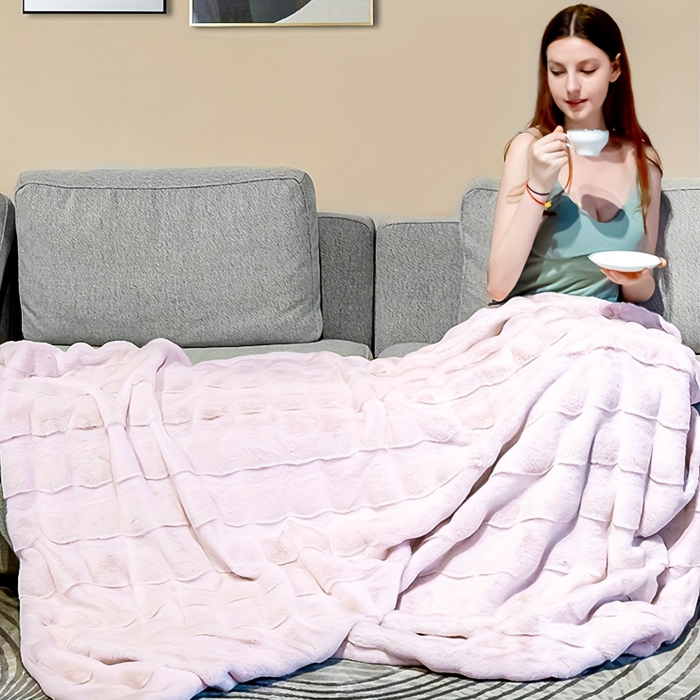 super soft blanket pink high quality silky artificial fur flannel wool wave shear light bed blanket used in four seasons 60x70 inches details 1