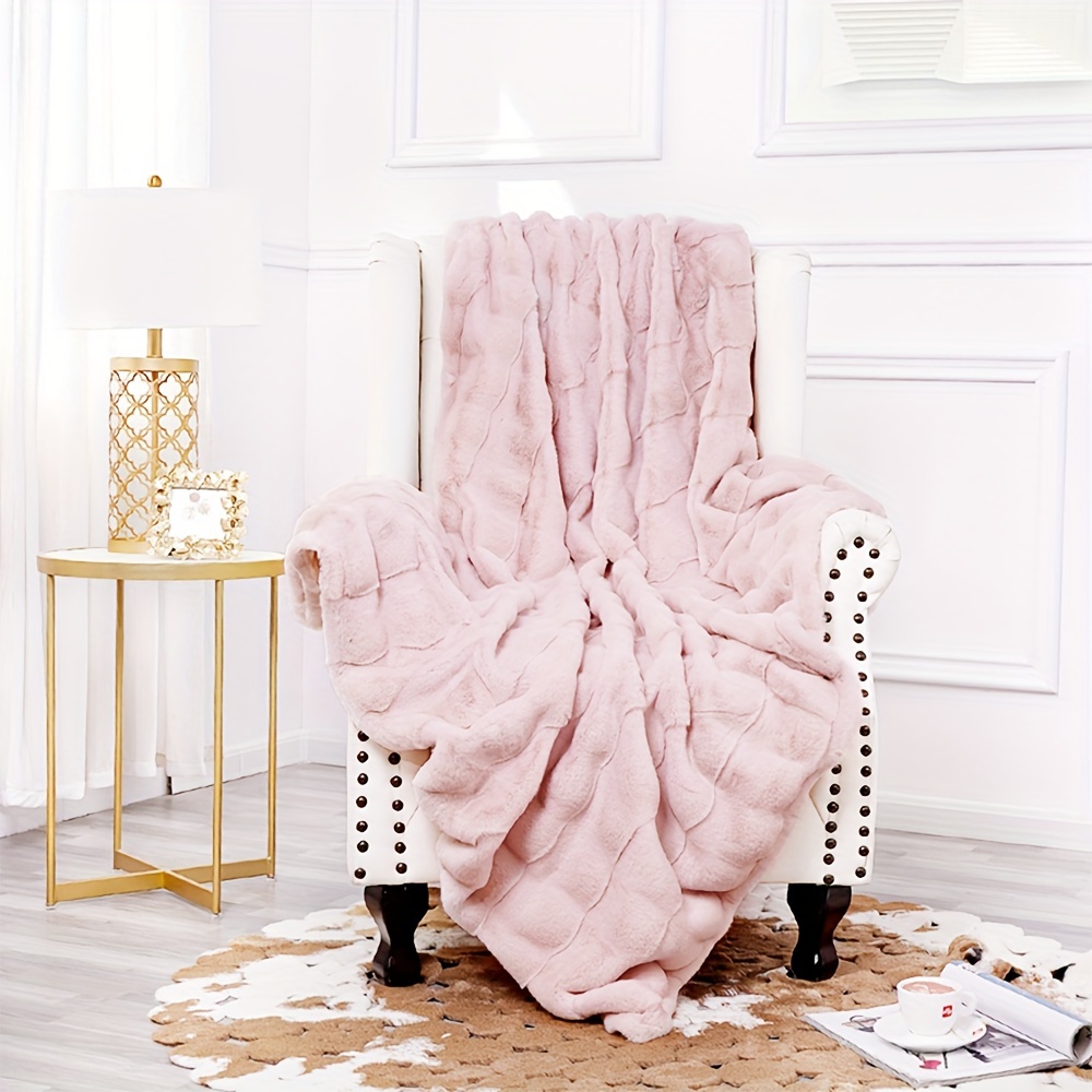 super soft blanket pink high quality silky artificial fur flannel wool wave shear light bed blanket used in four seasons 60x70 inches details 4