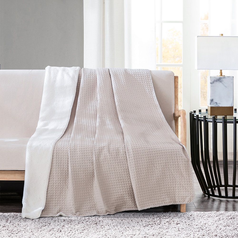 reversible faux fur to waffle throw blanket soft and cozy great choice for couch chair and bed machine washable details 1
