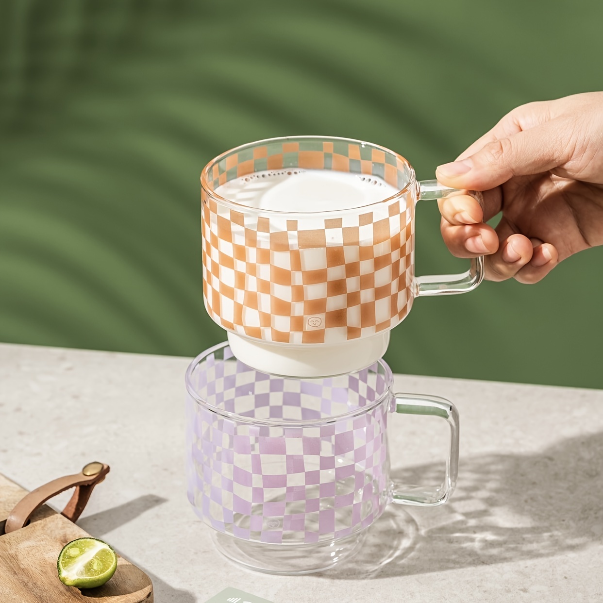 1pc retro pattern mug heat resistant glass plaid cup office coffee cup kitchen supplies details 1