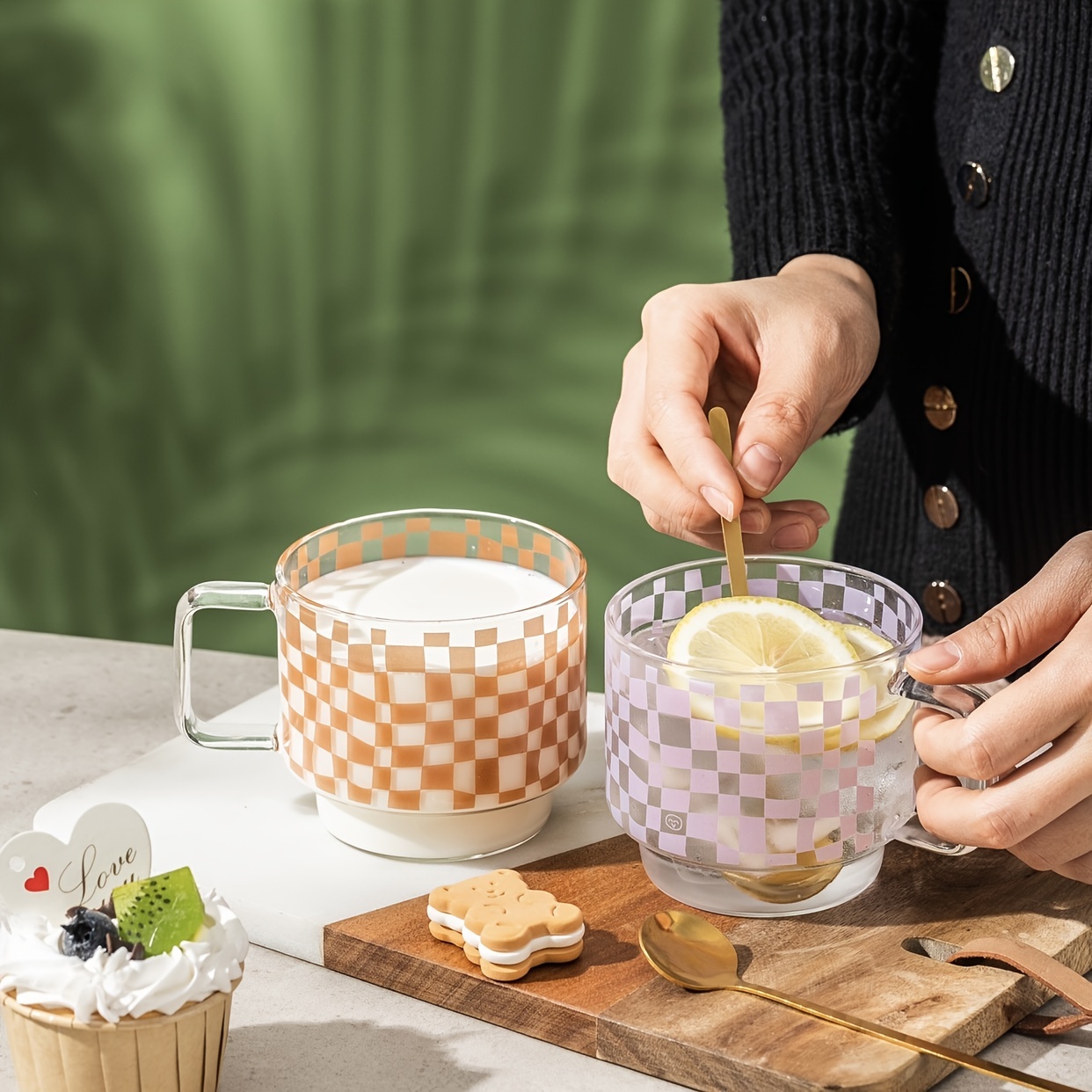 1pc retro pattern mug heat resistant glass plaid cup office coffee cup kitchen supplies details 2