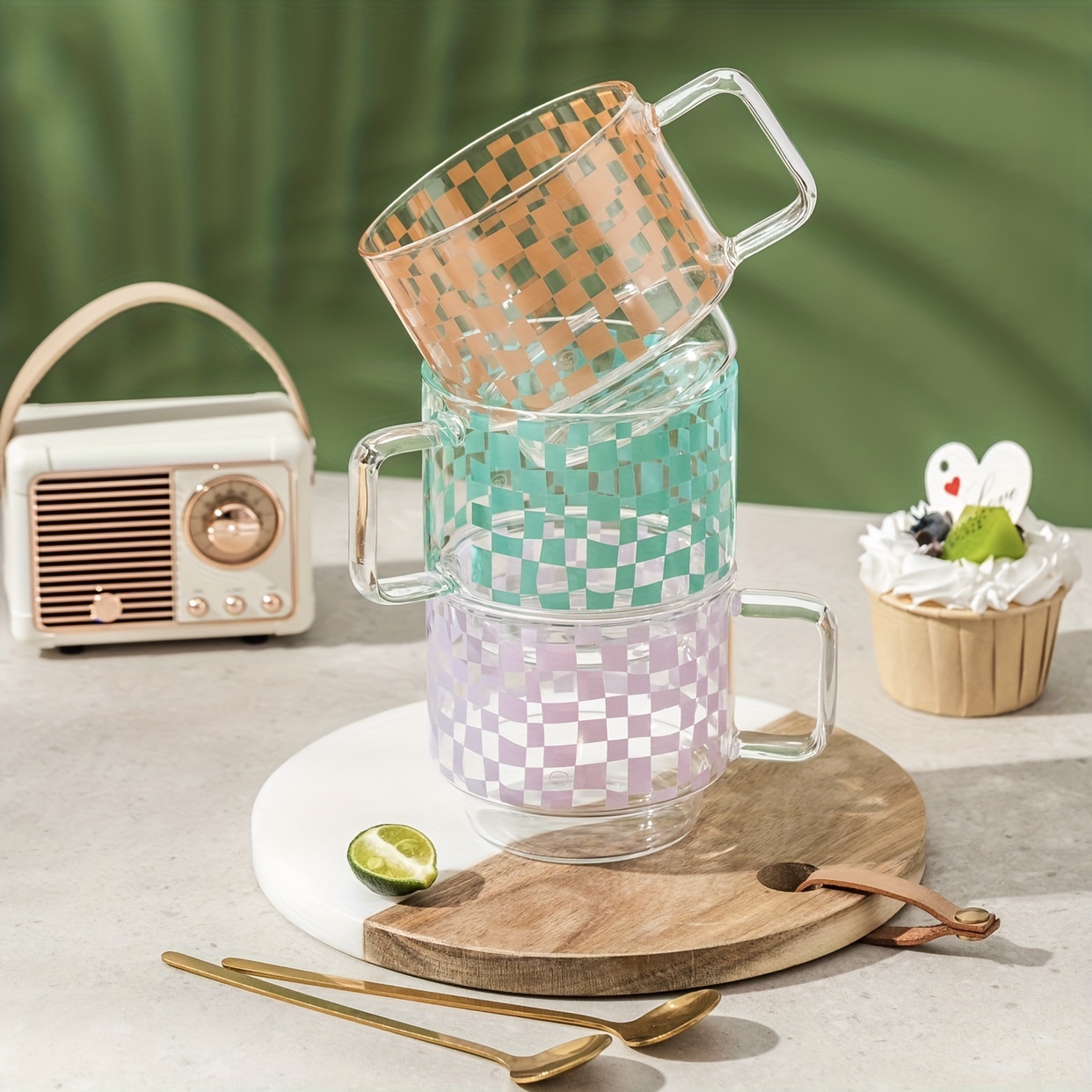 1pc retro pattern mug heat resistant glass plaid cup office coffee cup kitchen supplies details 4