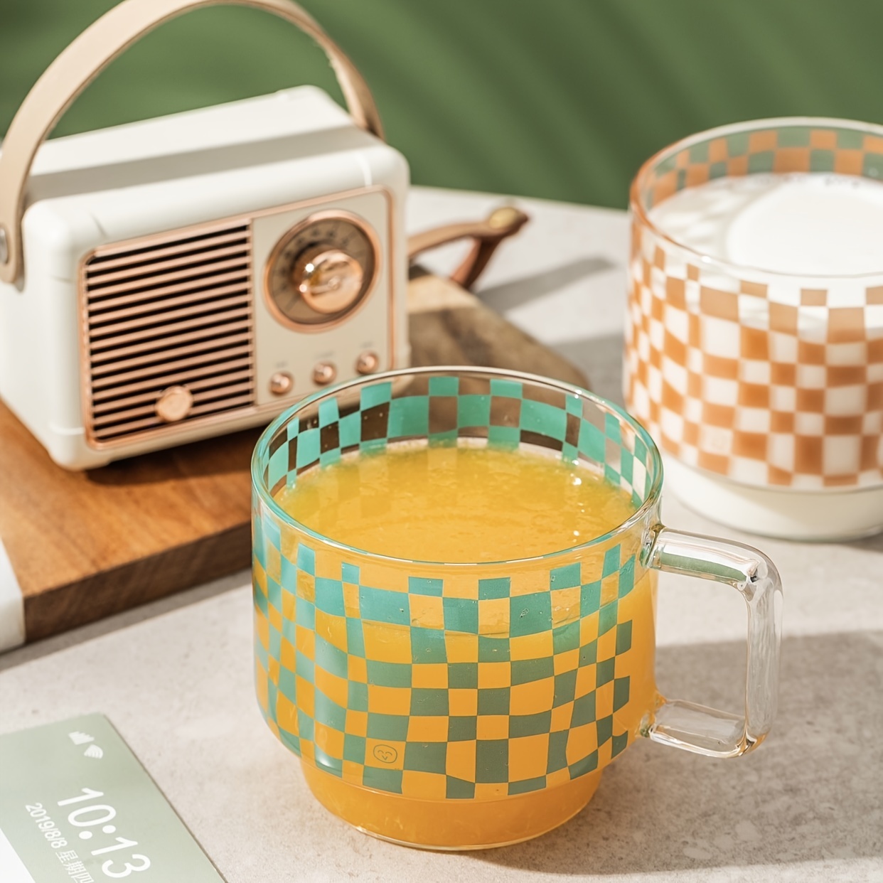 1pc retro pattern mug heat resistant glass plaid cup office coffee cup kitchen supplies details 5