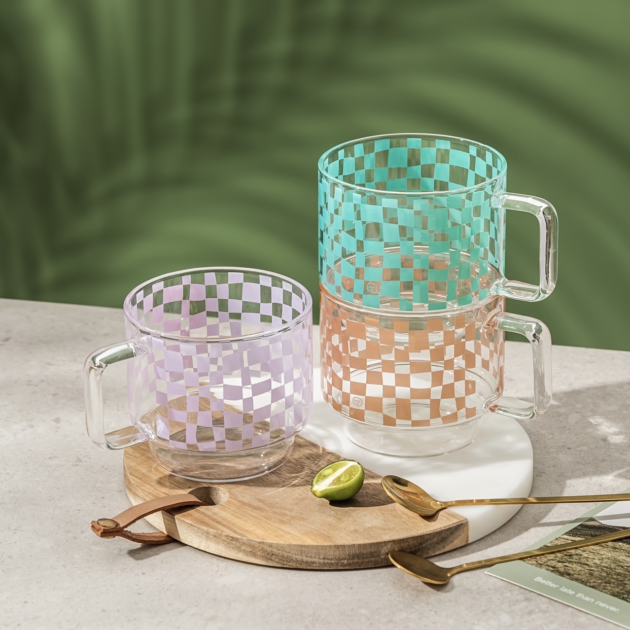1pc retro pattern mug heat resistant glass plaid cup office coffee cup kitchen supplies details 6